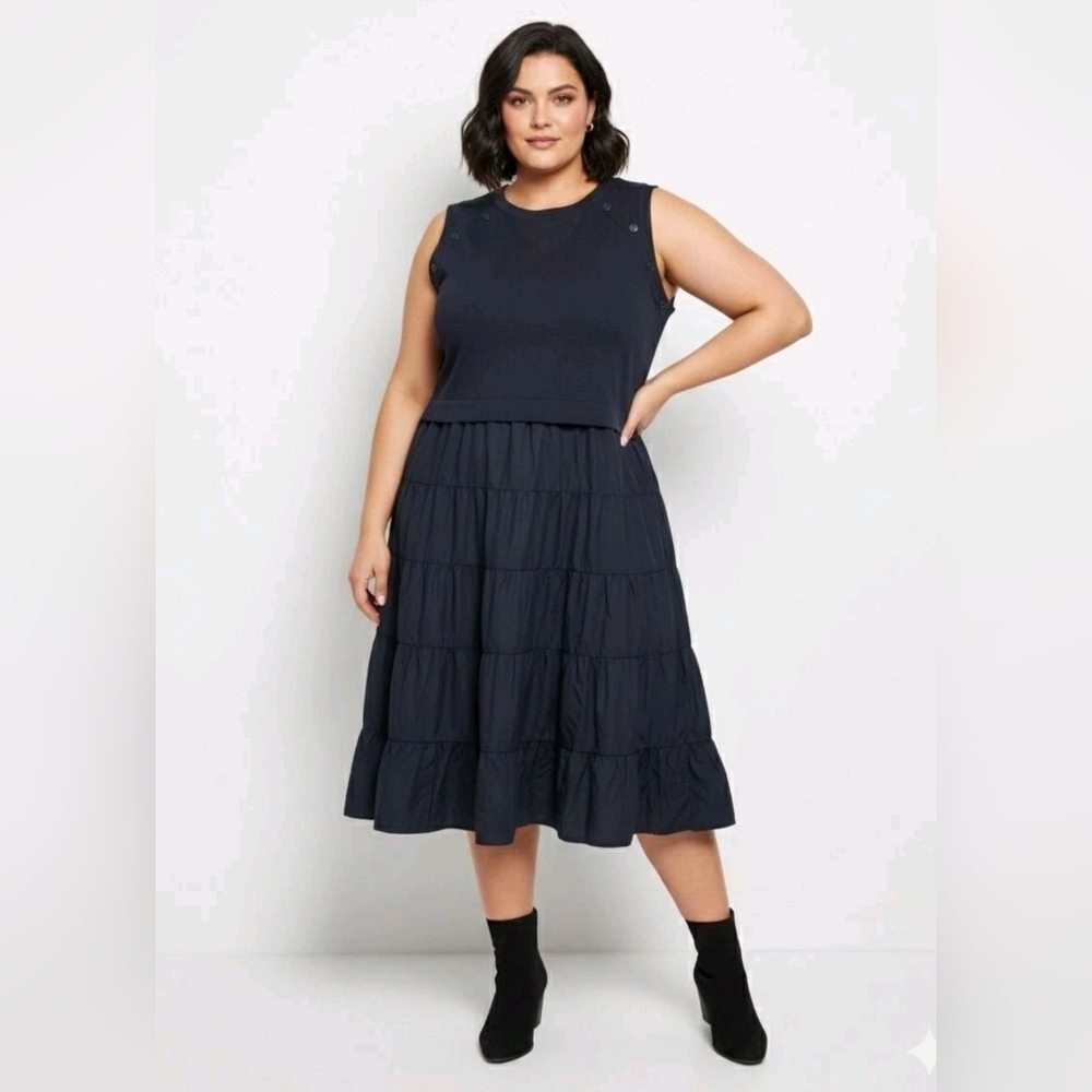 Nicole Miller NY Mixed Media Midi Tiered Dress Plus Sz 2X Navy Gorpcore Minimal